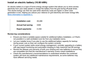 The improvement plan generated by Homewise, showing how much an electric battery would cost for an example property, how much money would be saved and how much money could be made.
