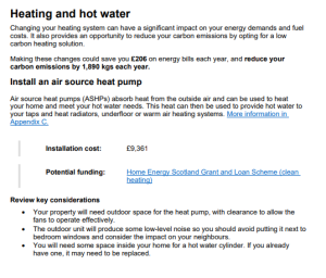 The improvement plan generated by Homewise, showing how much a heat pump would cost for an example property, how much money would be saved, how much money could be made, and funding options