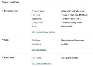 A screenshot of the Homewise tool displaying a property details form with clearly categorised information about a flat, including property type, wall construction, and floor area. 