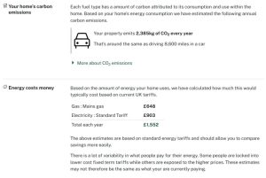 Screenshot of a Homewise page showing estimated annual carbon emissions and yearly energy costs for the home.