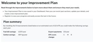 Screenshot of a Homewise improvement plan page showing estimated yearly savings, carbon savings and EPC score improvement from recommended home upgrades.