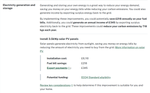 The improvement plan generated by Homewise, showing how much solar panels would cost for an example property, how much money would be saved, how much money could be made, and funding options
